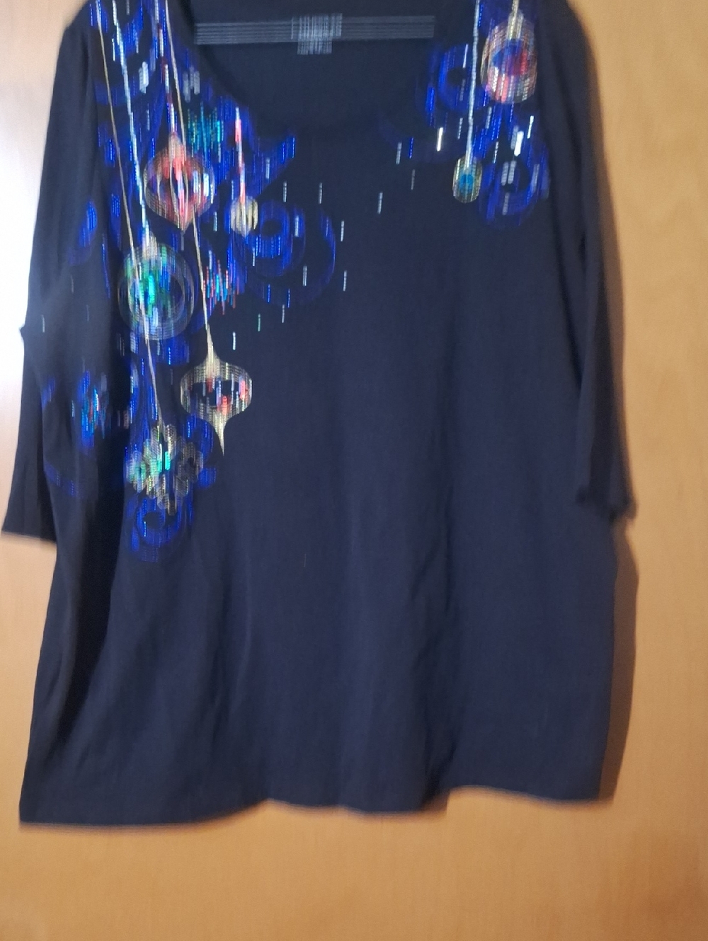 Catherines Navy Short Sleeve Top with Blue and Gold Sequin Motif